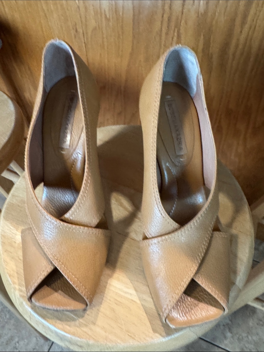 BCBGMaxAzria Tan Leather Peep-Toe Espadrille Heels